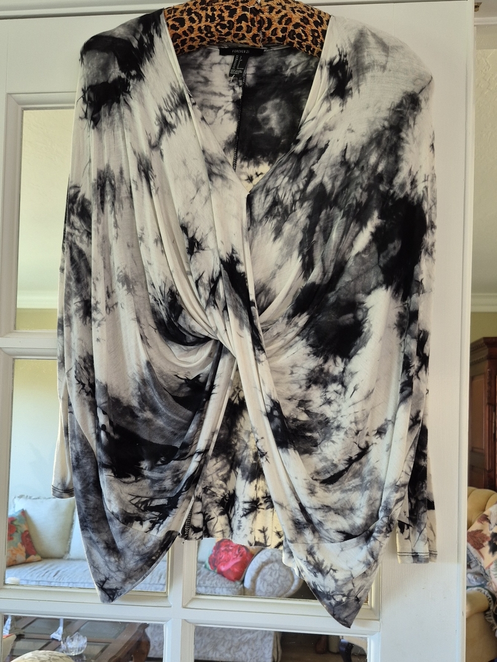 New No Tag Forever 21 Black and White Tie-Dye Draped Twist Front Top
